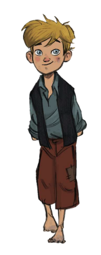 Character concept art of a young boy standing in a dark vest and trousers.