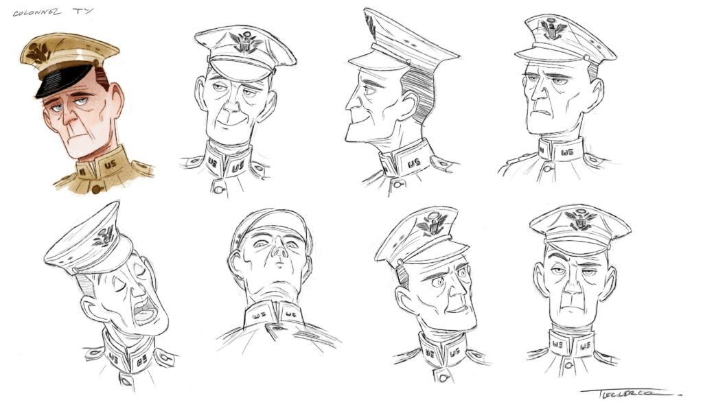 Black and white storyboard pencil sketches showing various facial expressions for the military colonel character.