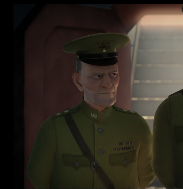 A close-up animated portrait of the military colonel character wearing a green uniform hat