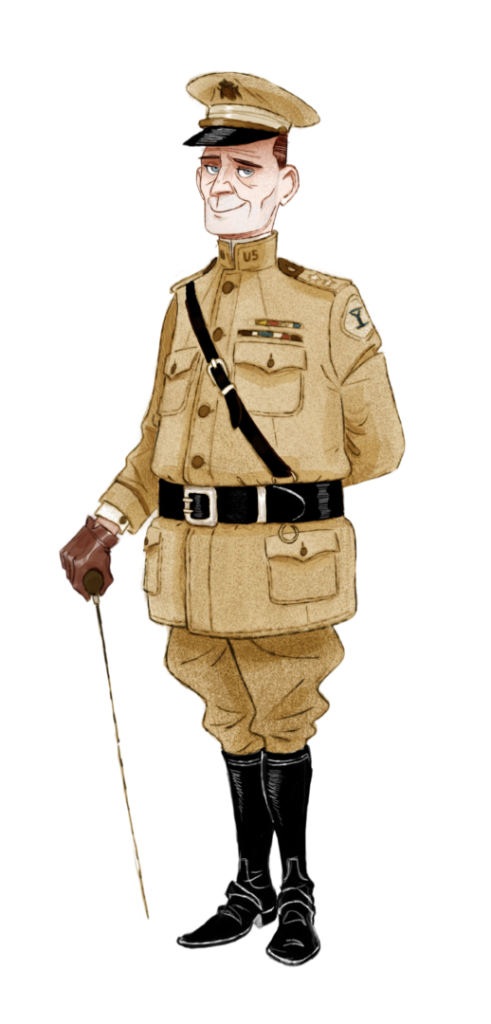 Animated character of a military colonel in a khaki uniform.