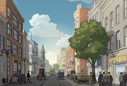 Digital background painting of an empty city street scene under a cloudy blue sky.