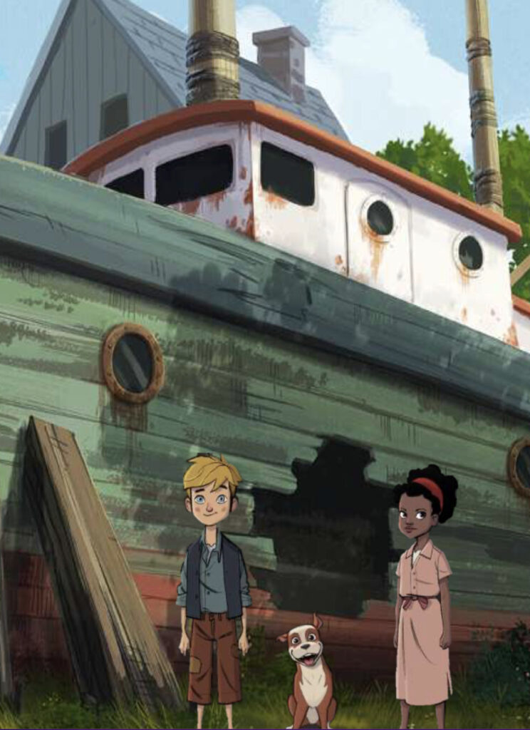 An animated production still of a vintage green cargo ship docked at a harbor.