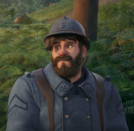 An animated production still of a young soldier with a mustache wearing a military uniform helmet, looking off-camera