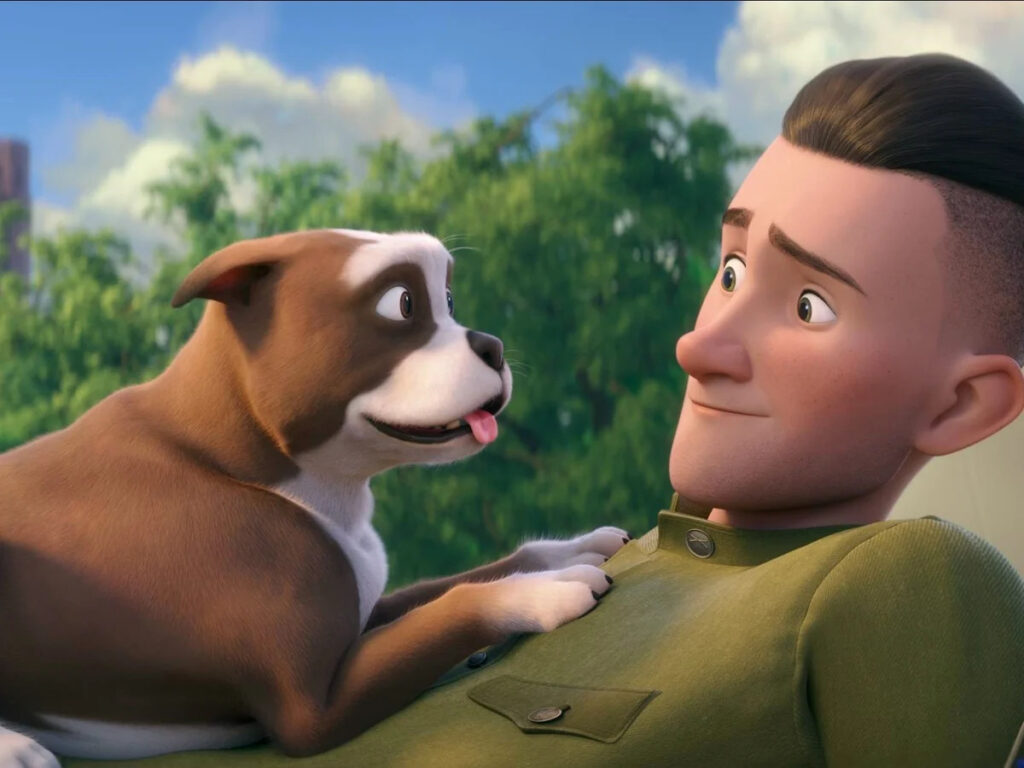 Animated shot focusing on the emotional bond between a soldier and his dog companion.