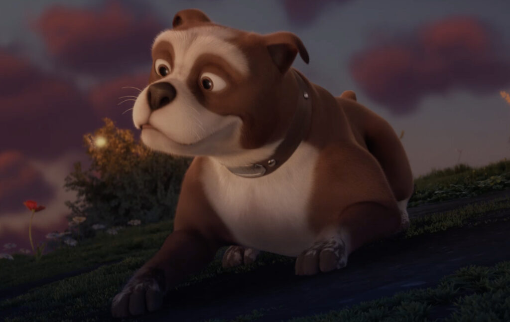 A close-up animated portrait of Sgt. Stubby looking upward with an alert, curious expression