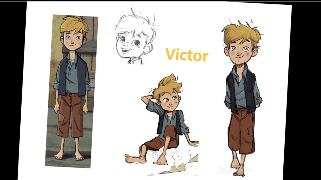 A rough digital character sketch of a boy named Victor beside an early line art drawing of Sgt. Stubby.