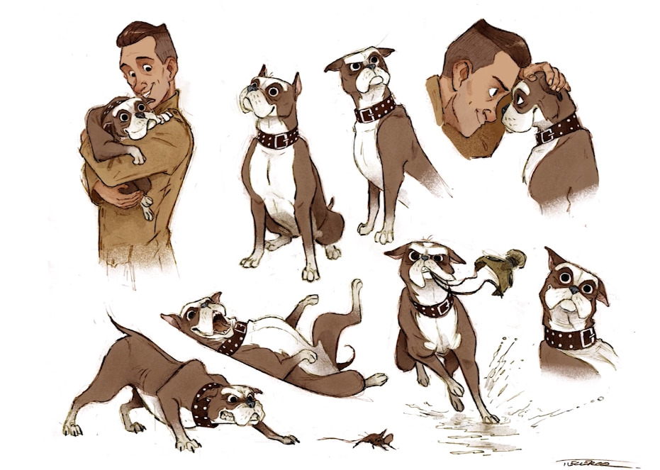Concept art sketch collection showing multiple poses of Sgt. Stubby interacting with soldiers.