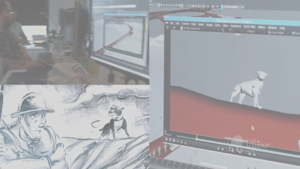 An empty animation studio production room with computer monitors and editing equipment.