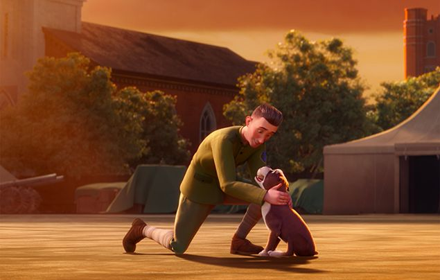Animated scene of a soldier kneeling down to comfort a small dog in a warm, dimly lit environment.