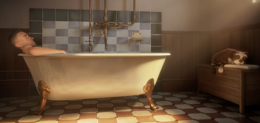 A close-up photograph of a miniature interior model set featuring a bathtub illuminated by warm yellow light