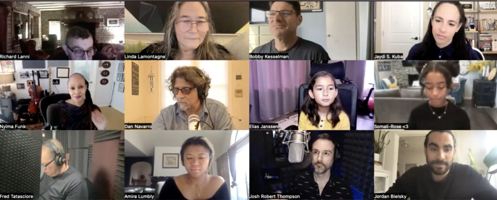 A grid layout screen capture showing members of the Fun Academy team during a virtual video conference.